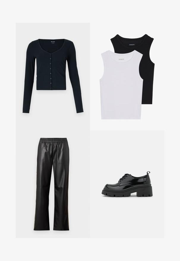 Must mustriga mustriga top, millel on pikka varrukad ja lühike lõige, valmistatud ribakudumist. Omab sügavat ümarat kaelust ja rida nuppe ees.; Kaks lühikeste varrukateta toppi mustas ja valges, valmistatud ribakudumist, ümarate kaelustega ja sobiva disainiga. Mõlemal on nähtavad sildid.; Mustast kunstnahast püksid elastse vöökoha, sirge jala disaini ja kontrastsete külgtriipudega. Sile tekstuur ja minimalistlik stiil.; Mustad mustri kingad, millel on paks platvormsüstal ja paksed nöörid. Ümar nina, minimaalne detaljide arv ja väike kannataga tab.