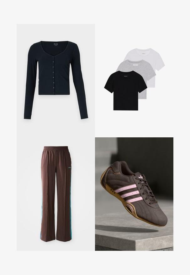 Čierny dlhý rukáv cropped top vyrobený z ribbed tkaniny. Má hlboký výstrih a radu gombíkov vzadu.; Sada troch tričiek s krátkym rukávom v čiernej, šedej a bielej farbe. Vyrobené z bavlny, s okrúhlym výstrihom a jednoduchým, jednofarebným dizajnom.; Hnedé športové nohavice s rebrovou textúrou, elastickým pásom a tyrkysovými bočnými pruhmi. Na prednej strane sa nachádza logo adidas.; Hnedé semišové športové topánky s ružovými pruhmi a logom, s textúrovaným vrchom, šnurovaním a gumovou podrážkou.