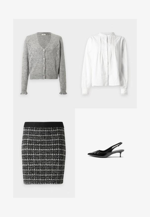 Grå strikket cardigan med diamantmønster, med v-hals, fem rosa knapper og ribbede mansjetter og hem. Korthavna.; Hvit langermet bluse med stående krage, vertikale folder foran, knappelukking og blondebesatte mansjetter.; Svart og hvit rutete skjørt med strukturert stoff, med svart midjebånd og en tettsittende silhuett.; Sorte skinnert remsandaler med spiss tå, liten kittenhæl og en dekorativ knute detalj foran. Glatt tekstur gjennom hele.