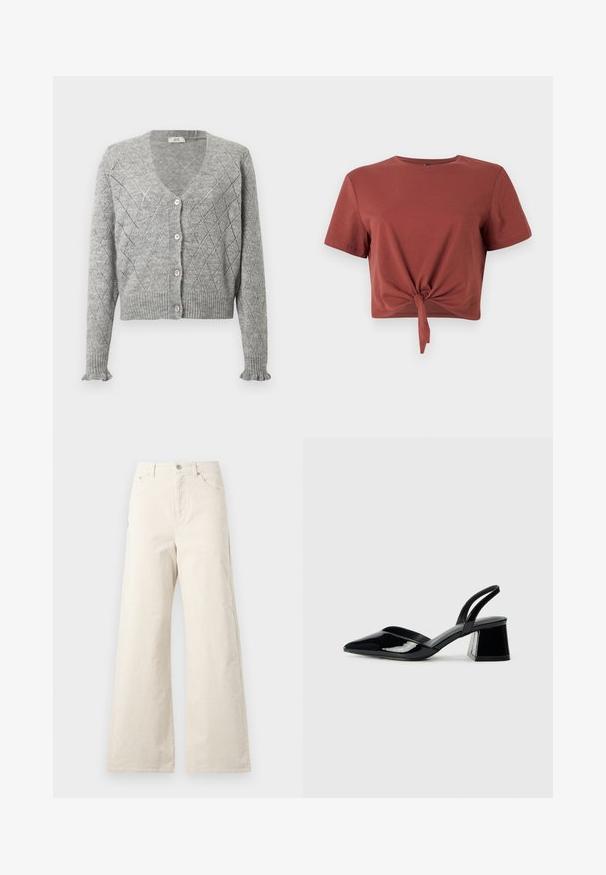 Pilkas megztas kardiganas su deimanto raštu, turintis V formos iškirptę, penkis rožinius mygtukus ir raukinėtas rankoves bei apatinę dalį. Su trumpesne apatine dalimi.; Rudens spalvos trumpas medvilninis marškinėliai su trumpomis rankovėmis ir suknietu priekyje. Lygus paviršius, apvalus kaklo išpjova.; Bežinės plačios kojos kelnės, pagamintos iš medvilnės, su priekiniais mygtukais, šoninėmis kišenėmis ir lygiu paviršiumi. Minimalistinis dizainas be raštų.; Juodos lakuotos odinės šlepetės su smailiu pirštu ir geometriniu bloko kulnu. Turi elegantišką, minimalistinį dizainą ir lygų paviršių.