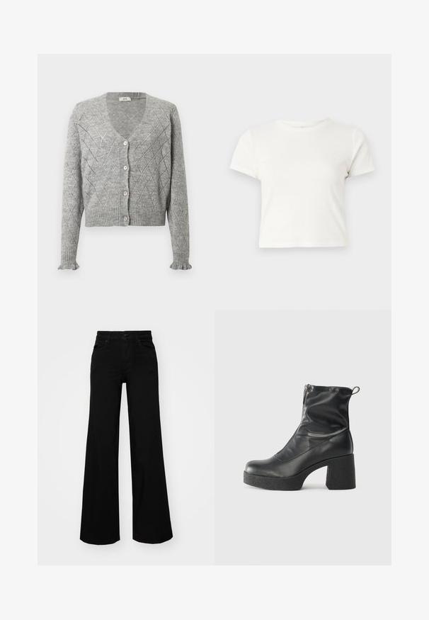Šedý pletený kardigan s diamantovým vzorem, má výstřih do V, pět růžových knoflíků a manžety a lem zakončený žebrováním. Zkrácená délka.; Krátká bílá tričko vyrobené z bavlny s krátkými rukávy, kulatým výstřihem a rovým lemem, s hladkou texturou a minimalistickým designem.; Černé široké kalhoty vyrobené z denimu, s pevným pasem, poutky na opasek a předními kapsami. Hladká textura s klasickým designem.; Černé kotníkové boty vyrobené z hladké kůže, s bočním zipem, robustním strukturovaným podpatkem a kulatou špičkou.
