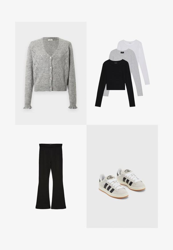 Sivý pletený cardigan s diamantovým vzorom, so špicatým výstrihom, piatimi ružovými gombíkmi a rebrovanými manžetami a spodným lemom. Krátka dĺžka.; Tričko s dlhým rukávom v troch farbách: čiernej, sivej a bielej. Každé má okrúhly výstrih a skrátený strih vyrobený z hladkej, ľahkej tkaniny.; Čierne legíny s flared strihom vyrobené z elastického materiálu. Majú široký pás a hladkú textúru, s priliehavým siluetom, ktorý sa na okraji rozširuje.; Sivé semišové tenisky s bielymi šnúrkami, čiernymi pruhmi a bielou gumovou podrážkou. Obsahujú okrúhly logo na jazyku a gumenú podrážku.