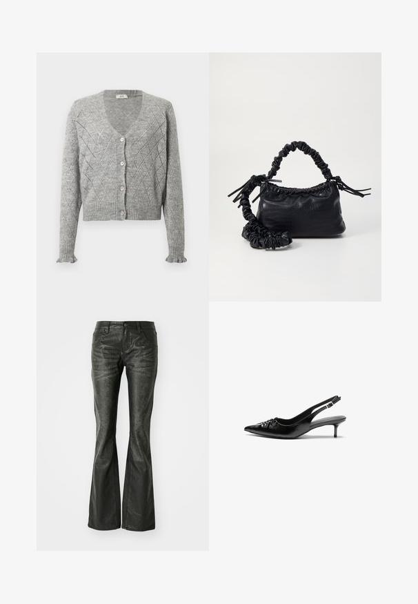 Szürke kötött kardigán, gyémántmintával, V-nyakkal, öt rózsaszín gombbal, bordázott mandzsettákkal és aljjal. Rövidített hossz.; Világos rózsaszín ujjatlan felső, puha, rugalmas anyagból készült. Kerek nyakkivágással és keskeny pántokkal rendelkezik, sima textúrával és testhezálló szabással.; Fekete műbőr, bővülő szárú farmernadrág elülső zsebekkel, fémből készült gombos záródással és enyhén textúrázott felülettel. Egyenes szárú, hosszú fazon.; Fekete bőrből készült slingback magassarkú cipők hegyes orral, kis francia sarokkal és díszes csomóval az elején. Az egész felületen sima textúra.; Fekete műbőr kézi táska krokodil bőr textúrával, összehúzható tetejű és gyűrt pánttal. Lágy és kompakt dizájnúnak tűnik.