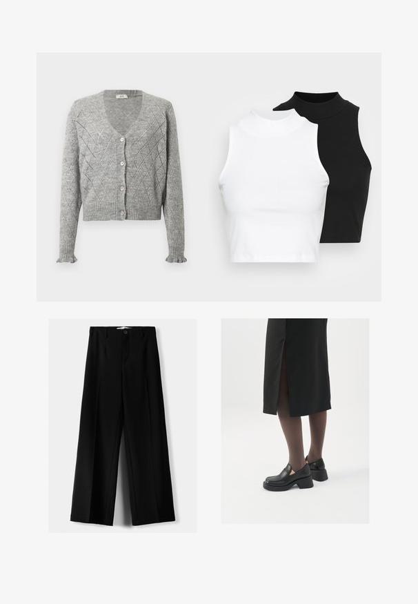 Sivi pleteni Kardigan s dijamantnim uzorkom, s V-izrezom, pet ružičastih dugmadi i rebrastim manžetama i rubom. Skraćena duljina.; Dvije bezrukavne rebraste majice s visokim ovratnikom u crnoj i bijeloj boji, s prilagođenim dizajnom i glatkom teksturom, te skraćenom dužinom.; Crne široke hlače izrađene od lagane tkanine, s prednjim zatvaranjem na dugme i ravnim prednjim dijelom, sa uredno šivenim rubovima.; Crne kožne cipele s zaobljenim vrhom, debelim blok petama i elastičnim bočnim detaljima, uparene s tamnim čarapama i crnom suknjom s prorezom.