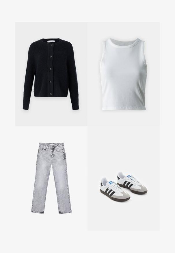 Mörkblå cardigan i texturerad stickad kvalitet, med rund hals, långa ärmar och sex matchande knappar framtill.; Vit ribbad linne med rund halsringning och ärmlös design, med en rak nederkant och en smidig, elastisk textur.; Grå denimjeans med rak benpassform, slitna detaljer, fem fickor och kopparnitar. Midjan har en logotagg.; Sportskor med överdel i vit läder, grå mocka på tårna och tre svarta ränder. Har en blå logotyp på tungan och en texturerad gummisula.