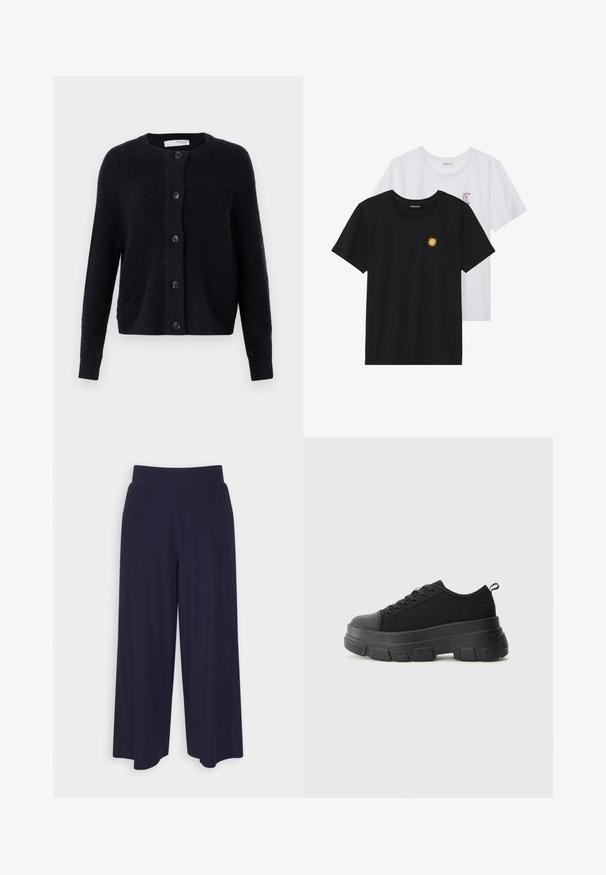 Tume mere kaardiin, mis on valmistatud tekstureeritud kudumiskangast, ümmarguse kaeluse, pikkade varrukate ja kuueteistkümne sobiva nööbiga esiküljel.; Mustvalged ja valged T-särgid, ümar kaelus, lühikesed varrukad. Must särgile on tikitud kollane päike; valgel särgil on lillakate poolkuu aktsent.; Tumed põlvpüksid tumedast meresinisest kangast, millel on sooneline tekstuur. Omab sujuvat vööd ja voolavat siluetti, ulatudes pooleni säärest.; Mustad mustad mustikad, millel on tugev kummist põhi, tekstuuriga kangast pealis, ümar varvas ja seotud disain. Omab tugevdatud silmuseid ja tagumist tõmbeotsta.