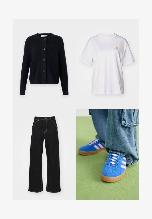 Temno mornarsko modra jopica iz teksturiranega pletenega materiala, z okroglo ovratnico, dolgimi rokavi in šestimi usklajenimi gumbi spredaj.; Bela bombažna majica s sproščenim krojem, kratkimi rokavi in majhnim vezenim logotipom na levi strani prsnega predela.; Črne široke kavbojke iz denima, ki imajo kontrastne bele šive in sprednje gumbno zapiranje, ter dve nagnjeni sprednji žepi.; Modri semiš čevlji z rožnatimi črtami in belimi vezalkami, z gumijastim podplatom, v kombinaciji z ohlapnimi jeans hlačami na zeleni površini.