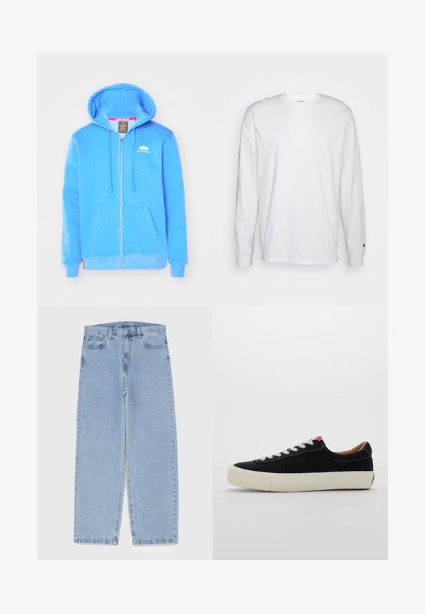 Kék, cipzáros kapucnis pulóver, puha anyagból készült, elülső zsebbel, húzózsinóros kapucnival és fehér logóval a mellkasán.; Fehér, hosszú ujjú, pamut póló. Kerek nyakú kialakítás, bordázott mandzsetták és egy kis logó a bal ujján. Simaság jellemzi.; Világoskék farmernadrág egyenes szárú kivitelben, közepes derékkal, öt zsebbel, gombos és cipzáros záródással.; Fekete vászon sportcipő fehér fűzőkkel, bézs gumitalppal és piros akcentussal a sarkán. Lekerekített orr és minimális varrási részletek.