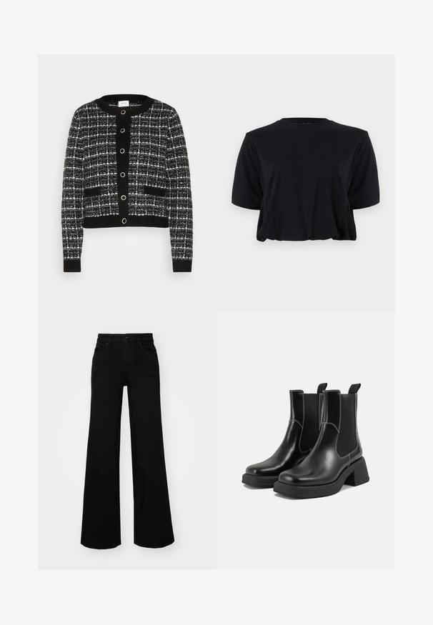 VILA VIAUDREY CHECK - Kardigan - black/white; Mustmust mustsärk lühikeste varrukatega, ümara kaelusega ja puhtas, liigendamata disainiga, pehme tekstuuriga.; Mustad mustad püksid, mis on valmistatud denimist, struktuurse vöökohtade, vöökootidega ja esikottidega. Sile tekstuur klassikalise disainiga.; Must musta Chelsea saapad, millel on paks konts, elastsed külgpaneelid ja kontrastne valge õmblus. Tekstuuriga viimistlus.