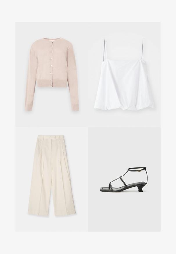 Hellrosa, kurz geschnittener Cardigan mit Knopfleiste, langen Ärmeln sowie gerippten Bündchen und Saum, auf weißem Hintergrund präsentiert.; Weißes ärmelloses Oberteil mit dünnen Trägern, aus leichtem Stoff gefertigt. Es zeichnet sich durch ein lockeres Design und eine geraffte Textur am Saum aus.; Weite Hosen aus strukturiertem cremefarbenem Material. Mit hohem Bund, Falten, Gürtelschlaufen und einem klaren, minimalistischen Design.; Schwarze Ledersandale mit quadratischer Zehenpartie, dünnen Riemen, verstellbarem Knöchelriemen und einem niedrigen Absatz. Mit einem kleinen goldenen Akzent am Riemen.
