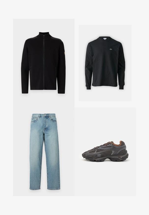 Belstaff VERGE ZIP - Casaco de malha - black; Camisola preta de manga longa feita de algodão, com decote redondo e um pequeno logótipo de crocodilo bordado em verde no lado esquerdo do peito.; Jeans de denim azul claro com um corte solto, pernas retas, design de cinco bolsos e fecho de botão na cintura. Detalhe de costura minimalista.; Ténis Lacoste em cinza-escuro com material em malha e sintético, apresentando uma sola texturizada e detalhes castanhos na gola e na marca.