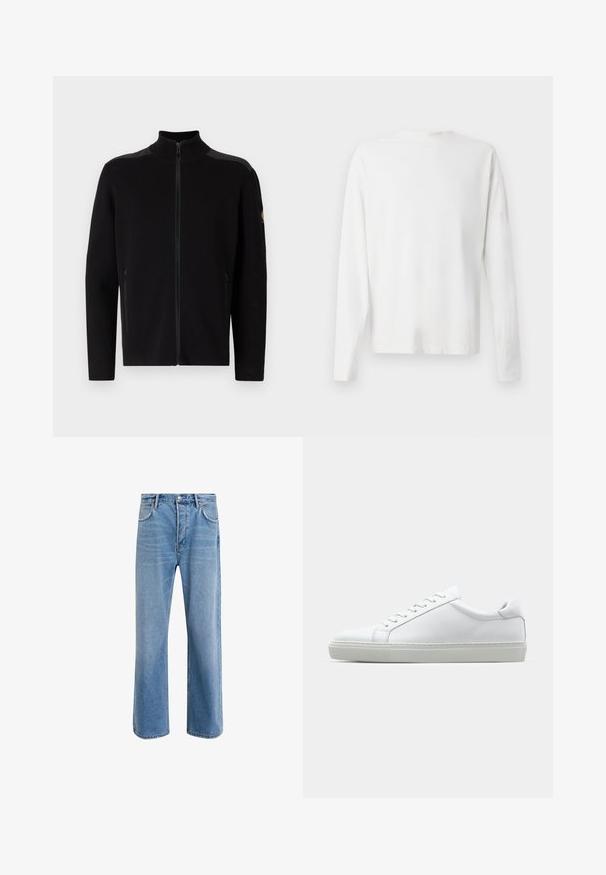 Belstaff VERGE ZIP - Kardigán - black; Biela bavlnená košeľa s dlhými rukávmi a okrúhlym výstrihom, s bočnými rozparkami na spodku a hladkou textúrou, zobrazená zozadu.; Svetlo modré denimové džínsy so strihom rovného nohu, päť vreciek, zapínanie na gombík, minimálne vyblednutie a kontrastné švy.; Biele tenisky s hladkým koženým zvrškom a nízkym profilom. Majú zaoblenú špičku, šesť očiek a štruktúrovanú gumovú podrážku.