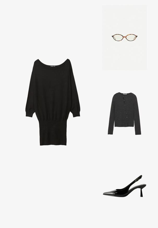 Czarny kardigan z miękkiej dzianiny, z okrągłym dekoltem, długimi rękawami i zapięciem na guziki z przodu, składającym się z ośmiu guzików.; Czarny oversized sweter z szerokim dekoltem w łódkę, długimi rękawami, prążkowanymi mankietami i dopasowanym dolnym brzegiem, wykonany z miękkiego, teksturowanego materiału.; Czarne lakierowane pantofle na obcasie typu slingback z ostrym noskiem, wyciętymi bokami, regulowanym paskiem na kostce i cienkim, smukłym obcasem.; Okulary w kolorze tortoiseshell z owalnymi soczewkami i gładkim, eleganckim wykończeniem. Posiadają cienkie boki z delikatnym łukiem w okolicy skroni. Przezroczyste soczewki.; Czerwona skórzana torebka na ramię o zakrzywionym kształcie, gładkiej fakturze i zamek błyskawiczny. Posiada cienką rączkę do noszenia.