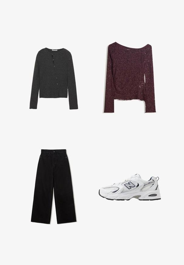 Donkergrijze cardigan van zacht gebreid materiaal, met een ronde halslijn, lange mouwen en een knoopsluiting aan de voorkant met acht knopen.; Kanten langemouwen top in diep burgundy, met een off-shoulder ontwerp, bloemmotieven en een licht transparante textuur met een rechte zoom.; Zwarte, wijde spijkerbroek van denim met een hoge taille, voorzien van een vijf-pocket ontwerp en een enkele knoopsluiting aan de voorkant.; Witte sport schoen met mesh bovenkant, marineblauwe accenten en een gehoorzaamde zool. Bevat het "N" logo, veters en een gestructureerde detail aan de zijkant.