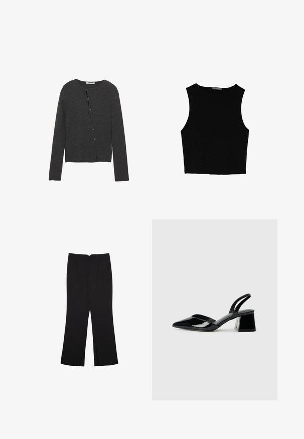 Czarny kardigan z miękkiej dzianiny, z okrągłym dekoltem, długimi rękawami i zapięciem na guziki z przodu, składającym się z ośmiu guzików.; Czarny bezrękawnik crop top z gładkiego materiału, z okrągłym dekoltem i czystym, prostym wzornictwem, bez wzorów czy metalowych elementów.; Czarne spodnie o prostym kroju, z przednimi kieszeniami i bocznymi rozcięciami na dole. Wykonane z miękkiego, gładkiego materiału. Odpowiednie na różne okazje.; Czarne lakierowane półbuty na obcasie z wydłużonym noskiem i geometrycznym słupkiem. Charakteryzują się eleganckim, minimalistycznym designem oraz gładką fakturą.