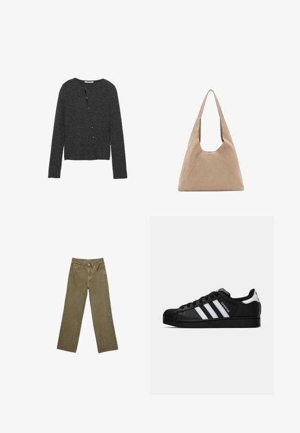 Cardigan grigio scuro realizzato in morbido tessuto a maglia, con scollatura rotonda, maniche lunghe e chiusura con bottoni frontale composta da otto bottoni.; T-shirt bianco a maniche corte e girocollo, realizzato in cotone morbido, con un design semplice e pulito, privo di motivi o dettagli visibili.; Jeans a gamba larga in cotone verde oliva con una trama robusta. Presentano una chiusura con zip, cinque tasche e cuciture a contrasto vicino alla vita.; Sneaker nera Adidas Superstar con strisce bianche, punta a conchiglia e testo "Superstar" su un lato, mostrata in profilo laterale su sfondo bianco.; Borsa a tracolla in tessuto beige con una forma triangolare unica, ampie spalline e dettagli delle cuciture visibili per una maggiore struttura.