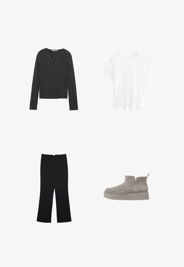 Dunkelgraue Strickjacke aus weichem Strickstoff, mit rundem Halsausschnitt, langen Ärmeln und einer Knopfleiste mit acht Knöpfen.; Weißes Baumwoll-T-Shirt, kurze Ärmel, runder Halsausschnitt, lockere Passform, glatte Textur, keine Muster oder Akzente, schlichtes Design, vielseitiger Stil.; Schwarze Hose mit geradem Schnitt, ausgestattet mit Fronttaschen und Seitenschlitzen am Saum. Hergestellt aus weichem, glattem Stoff. Geeignet für verschiedene Anlässe.; Grau Wildleder-Ankle-Boot mit niedrigem Profil, elastischen Seitenpaneelen und einer strukturierten Gummisohle. Verfügt über eine Zuglasche für einfaches Anziehen.