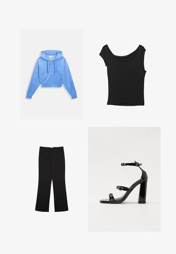 Krátka modrá velúrová mikina s predným zipsom, kapucňou na šnúrku a dvoma prednými vreckami. Obsahuje malé logo na ľavom prsníku.; Čierny krátky rukáv top vyrobený z hladkej tkaniny; má prehnutý výstrih a asymetrický lem, s priliehavým telom.; Čierne nohavice so strihom rovného strihu, s prednými vreckami a bočnými rozparkami na leme. Vyrobené z mäkkej, hladkej tkaniny. Vhodné na rôzne príležitosti.; Čierne lakované sandále na podpätku so štvorcovou špičkou, navlečenými remienkami okolo členku a striebornými prackami. Disponujú masívnym blokovým podpätkom pre stabilitu.