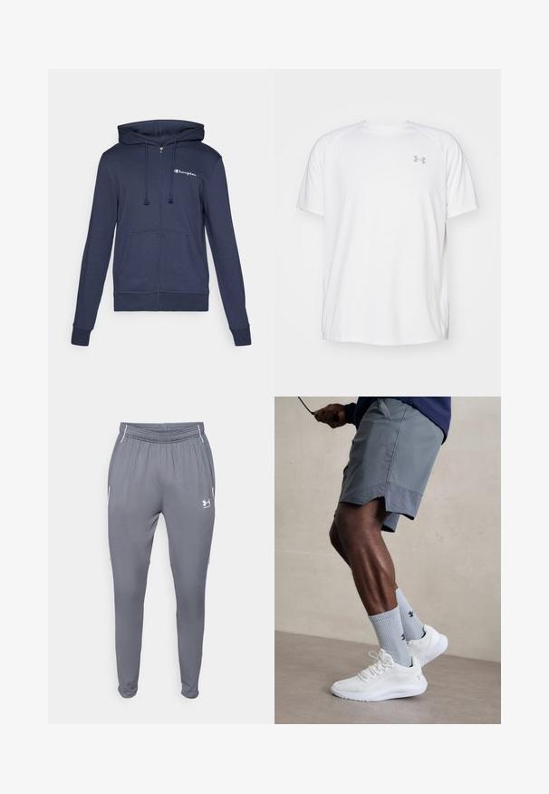 Tums zila, ar rāvējslēdzēju aizverama kapuce, izgatavota no maiga materiāla, ar kenguru kabatu, ribotām piedurknēm un baltu Champion logotipu uz krūtīm.; Baltas īsajiem piedurknēm sporta krekls, izgatavots no gludas auduma. Tam ir apaļa kakla izgriezums un pelēks logo uz kreisās krūtis, kā arī sānu šķēlumi apakšmalā.; Pelēki sporta bikses ar elastīgu jostu, sānu kabatām un baltām akcents. Izgatavotas no gludas, vieglas materiāla.; Baltas sporta apavu pāris ar strukturētu acs virsu, apvienots ar gaiši zilo riboto zeķu pāri, kurā ir zīmols. Pelēki sporta šorti ar perforētu apdari.