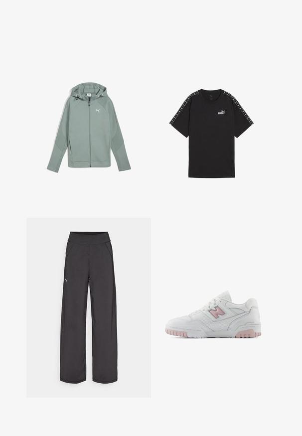 Felpa a zip verde chiaro con cappuccio, tasche frontali e logo. Presenta accenti testurizzati sulle maniche e cuciture ergonomiche per la mobilità.; T-shirt nera a maniche corte realizzata in cotone. Presenta il logo bianco Puma sul petto e dettagli a fantasie sulle spalle. Vestibilità standard e collo tondo.; Pantaloni sportivi neri con una cintura ampia, tasche laterali e cuciture piatte. Presentano un piccolo logo sulla gamba sinistra. Realizzati in un tessuto morbido ed elastico.; Scarpa da ginnastica bianca con dettagli rosa. Presenta pelle liscia, sezioni perforate e una suola in gomma spessa. I lacci sono di stile standard.