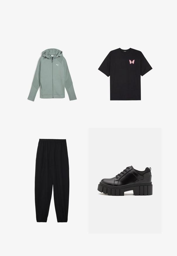 Felpa a zip verde chiaro con cappuccio, tasche frontali e logo. Presenta accenti testurizzati sulle maniche e cuciture ergonomiche per la mobilità.; T-shirt nera in cotone con maniche corte, caratterizzata da una piccola grafica di una farfalla rosa sul lato sinistro del petto. Design a girocollo con una vestibilità rilassata.; Pantaloni neri leggeri con vita elastica e caviglie arricciate. Il tessuto è liscio e presenta un design rilassato e affusolato.; Scarpe platform in pelle nera con tacco a blocco robusto, punta rotonda e design tradizionale con lacci. Presentano una superficie liscia e dettagli minimi.