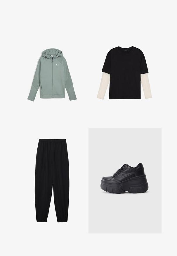 Svetlozelená mikina s kapucňou na zips, predné vrecká a logo. Má textúrované akcenty na rukávoch a ergonomické švy pre pohodlný pohyb.; Čierne tričko z bavlny, s krátkymi rukávmi cez biele tričko s dlhým rukávom, s jemným textúrovaným vzorom. Design s okrúhlym výstrihom.; Čierne, ľahké nohavice s elastickým pásom a zúženými nohavicami. Tkanina je hladká a má voľný, zúžený strih.; Čierne šnurovacie tenisky s hrubou podrážkou, s hladkým koženým zvrškom, okrúhlou špičkou a charakteristickým vrstveným dizajnom platformy.