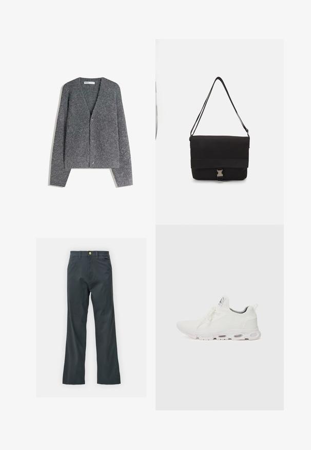 Szürke gyapjú kardigán V-nyakkal, hosszú ujjal, gombos záródással és puha, texturált felülettel. Minták vagy díszítések nem láthatók.; Fekete, rövid ujjú póló fehér háromcsíkos díszítéssel a vállakon és egy kis fehér logóval a mellkasán. Simább anyag textúra.; Fekete nadrág egyenes szárú fazonban, pamut keverék anyagból készült. Fém gombos záródással és oldalsó zsebekkel rendelkezik. Nincs látható mintázat.; Fehér sportcipők, texturált kötött felsőrésszel, lapos fűzőkkel és párnázott talppal, amely látható légkamrákkal rendelkezik a megerősített kényelem érdekében.; Fekete üzenetküldő táska sima anyagból, hajtókás fedéllel, ezüst csattal és állítható vállpánttal.; Fehér gyöngy nyaklánc, egységes kerek alakú, sima felületű, fémből készült kapoccsal, állítható hosszúságú meghosszabbító lánccal.
