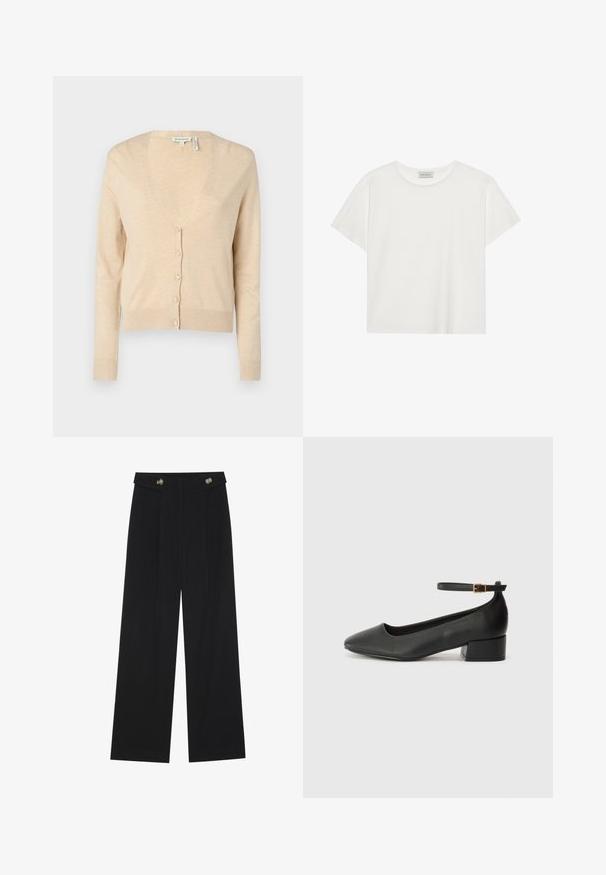 Beige kardigán puha kötött anyagból készült. Mély V-nyakú, hosszú ujjú, és hat gombos záródással rendelkezik elöl.; Fehér, rövid ujjú póló, puha pamutból készült. Kerek nyakkivágással és laza szabással rendelkezik. Tiszta dizájn, látható minták vagy díszítések nélkül.; Fekete, bő szárú nadrág magas derékkal, gombos részletekkel a derékrészen és elülső pliszékkal.; Fekete bőr magassarkú cipő hegyes orral és alacsony tömb sarkal. Bokapánttal rendelkezik, aranyszínű csattal. Simább textúra.