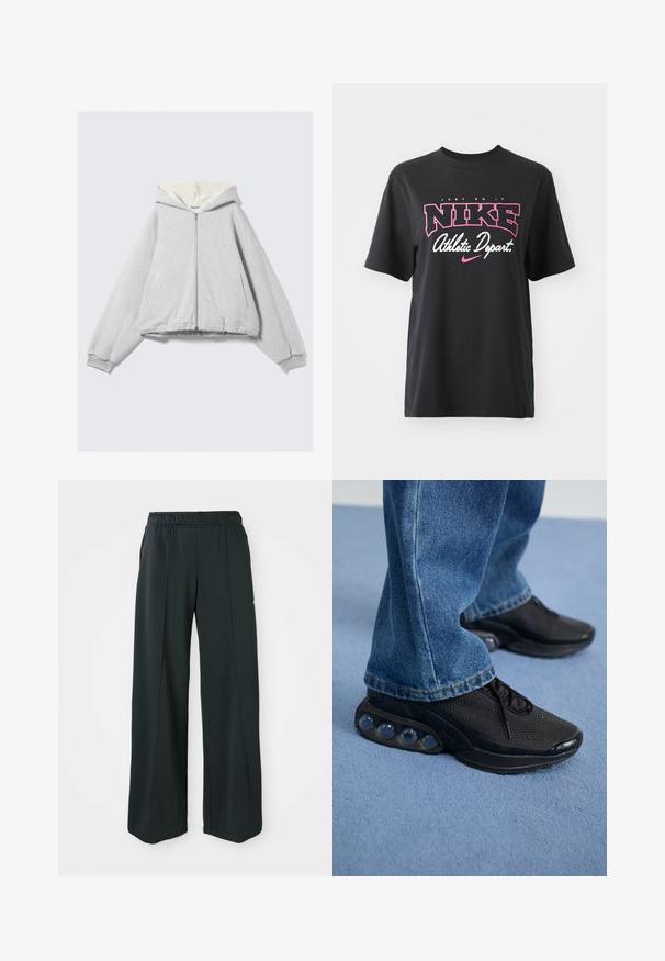 Grauer Kapuzenpullover mit Reißverschluss, weichem cremefarbenem Fleece-Futter, übergroßer Passform, gerippten Bündchen und Kapuze mit Kordelzug. Seitliche Taschen inklusive.; Schwarzes Baumwoll-T-Shirt mit einem grafischen Druck in Pink und Weiß, mit dem Text "JUST DO IT", "NIKE" und "Athletic Depart." Standardpassform.; Schwarze, weit geschnittene Sporthosen mit elastischem Bund. Hergestellt aus glattem, dehnbarem Stoff, mit subtilen Vordernähten und ohne Taschen.; Schwarze sportschuhe mit atmungsaktivem Mesh-Obermaterial, strukturierten Akzenten und sichtbaren Luftpolstern in der Sohle. Getragen mit blauen Jeans.