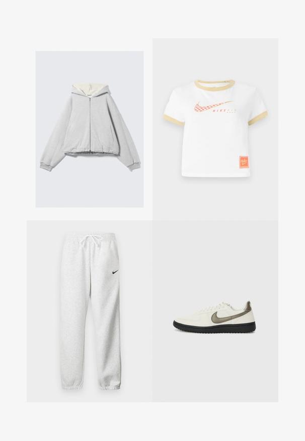 Grey zip-up hoodie with a soft cream fleece lining, oversized fit, ribbed cuffs, and a drawstring hood. Side pockets included.; White T-shirt with gold trim, featuring a red checkered Nike swoosh logo, "NIKE AIR" text, and a small orange Nike tag on the hem.; Gray sweatpants made of a soft fabric, featuring an elastic waistband with drawstring and a small black Nike logo on the left thigh.; Nike Sportswear FIELD GENERAL - Trainers - off-white/black
