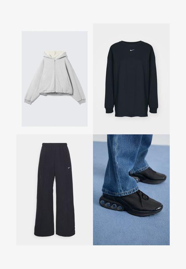 Grey zip-up hoodie with a soft cream fleece lining, oversized fit, ribbed cuffs, and a drawstring hood. Side pockets included.; Black long-sleeve T-shirt made of cotton with a crew neckline. Features a white Nike logo on the chest. Soft texture, simple design.; Black wide-leg pants with an elastic waistband and a small white Nike logo. Fabric has a smooth texture, designed for comfort and casual wear.; Black athletic sneakers with mesh upper, textured accents, and visible air cushioning pods in the sole. Worn with blue denim jeans.