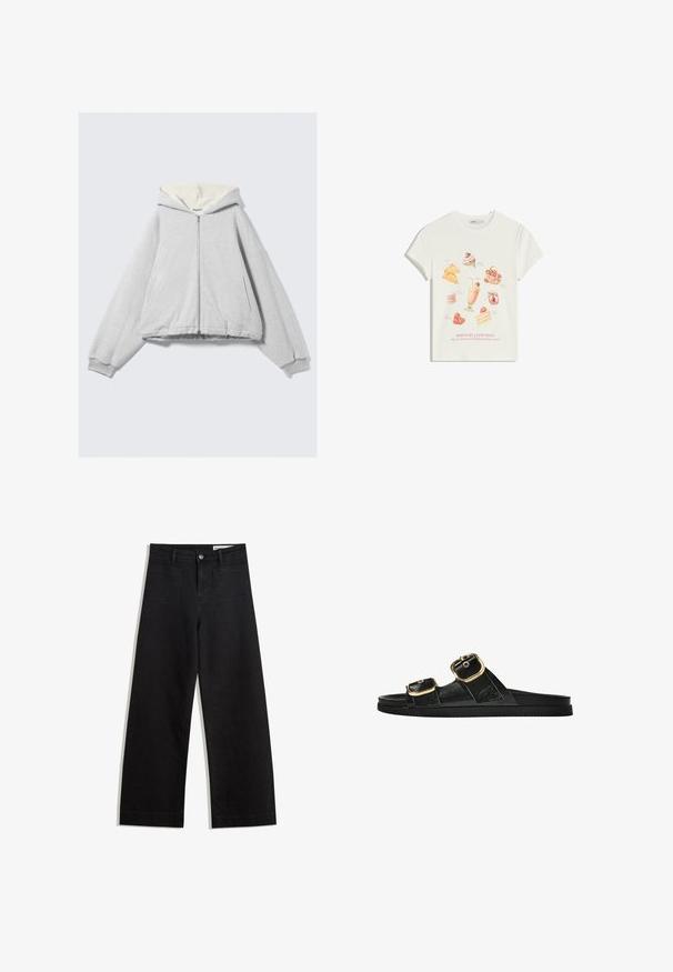 Harmaa vetoketjullinen huppari, jossa on pehmeä kermaisenvärinen fleecevuori, ylikokoinen istuvuus, resorit hihansuissa ja kiristysnyöri hupussa. Sivutaskut mukana.; Valkoinen puuvillapaita, jossa on värikkäitä jälkiruoka-illustratioita, mukaan lukien jäätelö ja kakut, ja tekstillä "TOSI HYVIÄ AIKOJA" tulostettuna alle.; Mustat leveät farkut korkealla vyötäröllä, joissa on etu- ja takataskut, ommellut saumat ja nappisuljenta. Silkinoinen rakenne.; Musta liukusandaali, jossa on kaksi kultaisesta solkesta tehtyä korostusta, sileäpintainen materiaali, litteä pohja ja minimalistinen muotoilu.