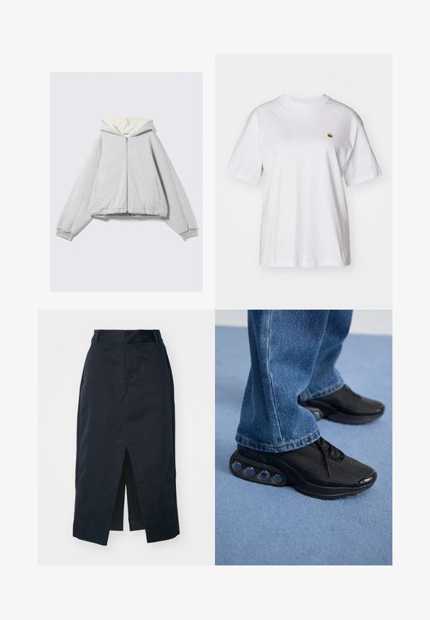 Grey zip-up hoodie with a soft cream fleece lining, oversized fit, ribbed cuffs, and a drawstring hood. Side pockets included.; White cotton t-shirt with a relaxed fit, short sleeves, and a small embroidered logo on the left chest area.; Dark navy midi skirt made of cotton blend fabric, featuring a front slit, concealed zipper, and side pockets for functionality.; Black athletic sneakers with mesh upper, textured accents, and visible air cushioning pods in the sole. Worn with blue denim jeans.
