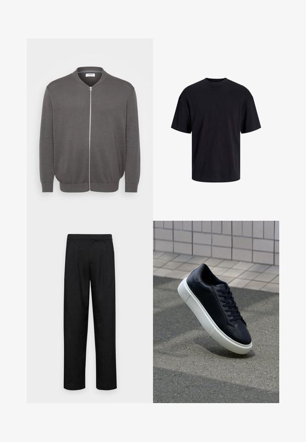 Hallideg gray zippide cardigan ümarate kaelusega, sooniktekstuuriga ja kitsaste mansettidega. Omab hõbedast lukku ja lihtsat, puhta kujundusega disaini.; Must must on mustre, lühikeste varrukatega ja vabalt langev. Sile tekstuur ja ilma nähtavate mustrite või aktsentideta.; Mustad mustadest riietest, millel on sirge jalgade disain, kaks eesmist voltimist ja tavaline vöökoht, millel on vöökohad.; Mustast nahast tennisetoss, millel on ümar nina ja valge kummist tall. Omab siredaid paelu ja minimaalset õmblemist ülemises osas. Tekstuuriga tald, mis tagab haakuvuse.