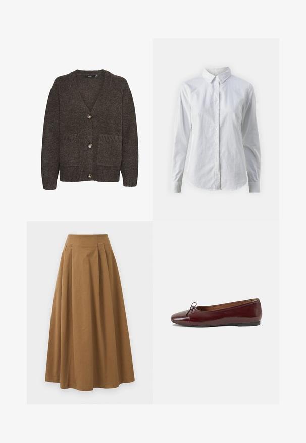 Barna gyapjú kardigán V-nyakkivágással, három gombbal, két elülső zsebbel és bordás részletekkel az alsó szegélyén és a zsebeknél.; Fehér, sima pamutből készült gombos ing, klasszikus gallérral, hosszú ujjakkal és ívelt hemvéggel. A gombok kicsik és fehérek.; Barna pamut A-vonalú szoknya magas derékkal, elöl pliszézett és sima textúrával. Az alsó szegélyek letisztultak és egyszerűek.; Burgundi lakkbőr balettcipő kerek orral, elöl kis masni díszítéssel és alacsony, fekete gumi talppal. Simára csiszolt felület.