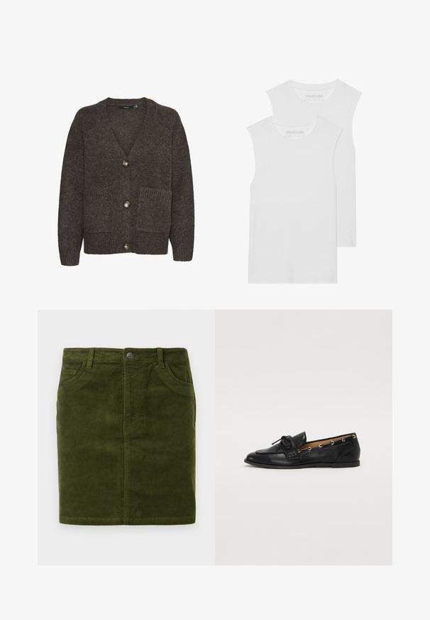 Brown wool cardigan featuring a V-neck, three buttons, two front pockets, and ribbed accents at the hem and pockets.; Two white sleeveless T-shirts made of soft cotton fabric, featuring a rounded neckline and no visible patterns or hardware.; Dark green corduroy skirt with a straight cut, featuring a five-pocket design and a metal button closure at the waist.; Black leather loafers with a tied bow, featuring gold eyelet accents along the sides and a flat rubber sole. Smooth texture, classic design.