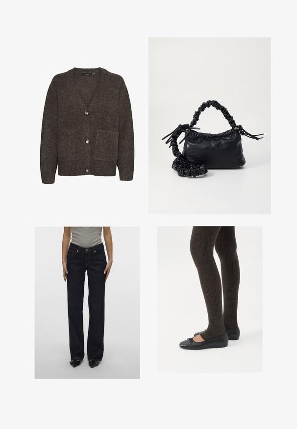 Pruun villane kardigan, millel on V-kaelus, kolm nuppu, kaks eesmist taskut ja soonikkudumine hemil ning taskutel.; Must musta, sobiv ülikond, neljakandiline kaelus, sildiga GAP, valge tausta peal.; Tumed sinise denimist teksased, sirge säärega, viie tasku ja kontrastsete õmblustega disain. Ees nupuga sulgemine ja tõmblukk.; Mustad mustad kingad väikese teksaga varvaste juures, koos tumedate pruunide ribakangastega. Kingadel on sile tekstuur ja madal profiil.; Must must sünteetilisest nahast käekott, millel on krokodillimuster, kokku tõmmatav ülaosa ja kortsus rihm. Tundub pehme ja kompaktne disain.