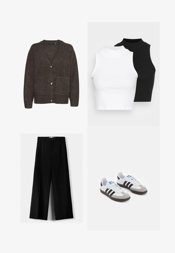 Brauner Wollcardigan mit V-Ausschnitt, drei Knöpfen, zwei Fronttaschen und gerippten Akzenten am Saum und an den Taschen.; Zwei ärmellose, gerippte Rollkragenoberteile in Schwarz und Weiß, mit einer figurbetonten Passform und glatter Textur sowie einer cropped Länge.; Schwarze weite Hosen aus leichtem Stoff, mit einem Knopfverschluss vorne und flachem Bund, mit sorgfältig genähten Säumen.; Sportschuhe mit einem Obermaterial aus weißem Leder, grauer Wildleder-Zehenkappe und drei schwarzen Streifen. Sie verfügen über ein blaues Logo auf der Zunge und eine strukturierte Gummisohle.