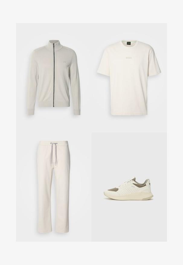 Sweater cinza claro com fecho zip, colarinho alto, punhos e bainha canelados, apresentando um logótipo subtil no peito e um fecho preto em contraste.; BOSS TEE - T-shirt básica - open white; Calças casuais de cor cremosa com cintura elástica e pernas retas, exibidas sobre um fundo branco liso.; Sapatilha atlética branca e bege claro, com parte superior em malha, detalhes perfurados e uma entressola texturizada com marcação no calcanhar.