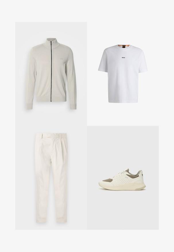 Světle šedý svetr na zip s vysokým límcem, žebrovanými manžetami a spodním lemem, se zdánlivě nenápadným logem na hrudi a kontrastním černým zipem.; Bílý bavlněný tričko s krátkým rukávem, se středovým černým logem "BOSS" na hrudi a kulatým výstřihem.; Bílé, plisované kalhoty s upraveným střihem, které mají hladkou texturu, poutka na opasek a zúžené nohavice. Bez viditelných kapes nebo vzorů.; Bílé a světle béžové atletické tenisky, které mají síťovaný svršek, perforované detaily a texturovanou mezipodešev s logem na patě.