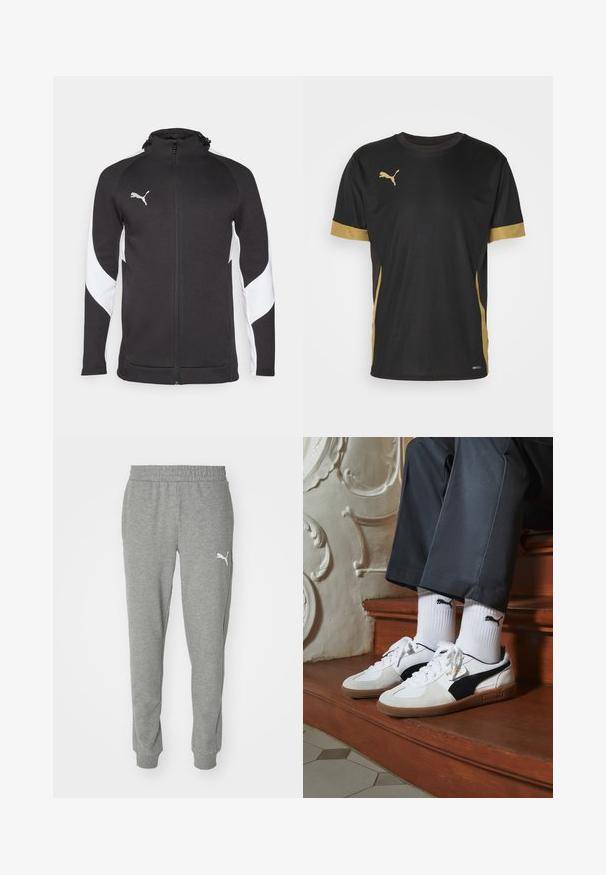 Crna atletska jakna s bijelim bočnim panelima, puni patent zatvarač, visoki ovratnik i mali srebrni logotip na prsima. Napravljena od teksturirane tkanine.; Crna atletska majica s zlatnim naglascima na rukavima i sa strane. Ima okrugli izrez, kratke rukave i tkaninu koja upija vlagu DRYCELL.; Sive trenirke od mekanog materijala, s elastičnim pojasom, sužavajućim nogavicama i bijelim logotipom na lijevom bedru.; Puma tenisice u bijelom i crnom nubuku, s smešnim gumastim potplatom. Uparene su s bijelim čarapama s crnim logom, nosene uz tamne hlače.