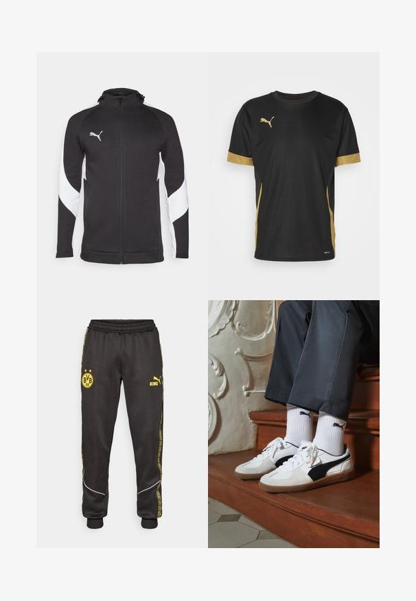 Zwarte sportjack met witte zijpanelen, volle rits, hoge kraag en een klein zilveren logo op de borst. Gemaakt van gebatimde stof.; Zwarte sport T-shirt met gouden accenten op de mouwen en zijkanten. Voorzien van een ronde hals, korte mouwen en vochtregulerende DRYCELL-stof.; Zwarte sportbroeken met gele logos van Borussia Dortmund BVB 09 en Puma King, een elastische tailleband en gestreepte gele zijpanelen.; Puma sneakers in wit en zwart suède, met een bruine rubberen zool. Gecombineerd met witte sokken met een zwart logo, gedragen met donkere broek.