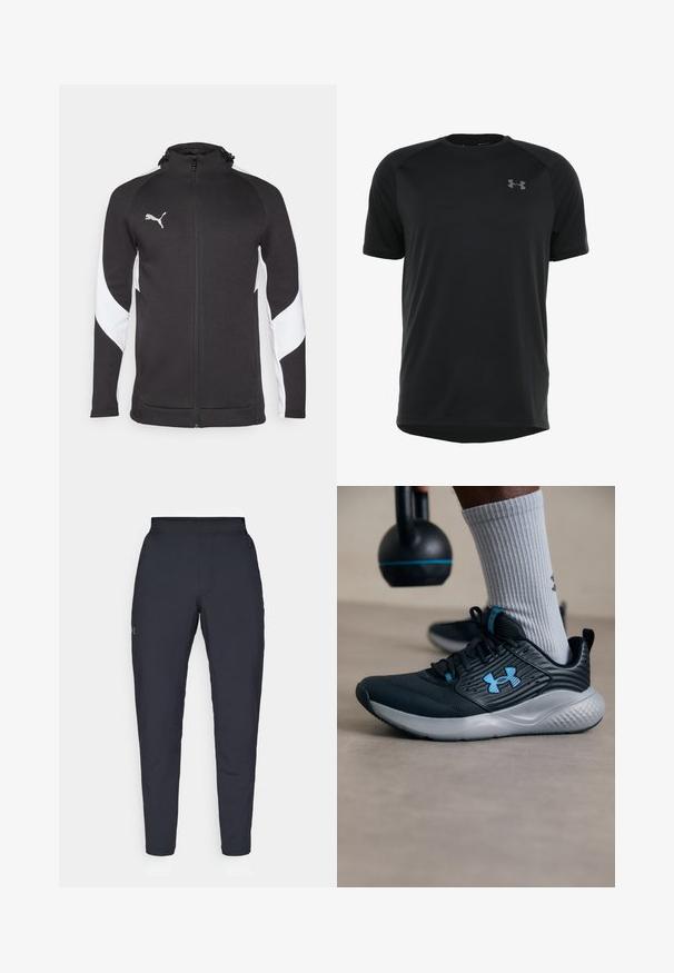 Crna atletska jakna s bijelim bočnim panelima, puni patent zatvarač, visoki ovratnik i mali srebrni logotip na prsima. Napravljena od teksturirane tkanine.; Crna kratka majica s kratkim rukavima za sport izrađena od glatkog, laganog materijala. Ima okrugli dekolte i diskretan logo na grudima.; Crne sportske hlače s glatkom teksturom, uskih krojeva, elastičnim pojasom i bočnim džepovima. Imaju mali logo na lijevom bedru.; Crne atletske cipele s plavim akcentima, teksturirani gornji dio i sivi đon. Nosi se s sivim rebrastim čarapama, pored crnog kettlebella.