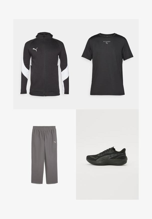 Crna atletska jakna s bijelim bočnim panelima, puni patent zatvarač, visoki ovratnik i mali srebrni logotip na prsima. Napravljena od teksturirane tkanine.; Crna sportska majica kratkih rukava izrađena od lagane tkanine. Ima okrugli izrez i otisnutu "HYROX" oznaku sa Puma emblemom na prednjoj strani.; Sive trenirke od lagane tkanine s elastičnim pojasom. Imaju mali bijeli logo na lijevoj nozi.; Crne atletske cipele s teksturiranim mrežastim gornjim dijelom, ravnim vezicama i podlogom s mekanom amortizacijom koja sadrži suptilne reflektirajuće detalje.