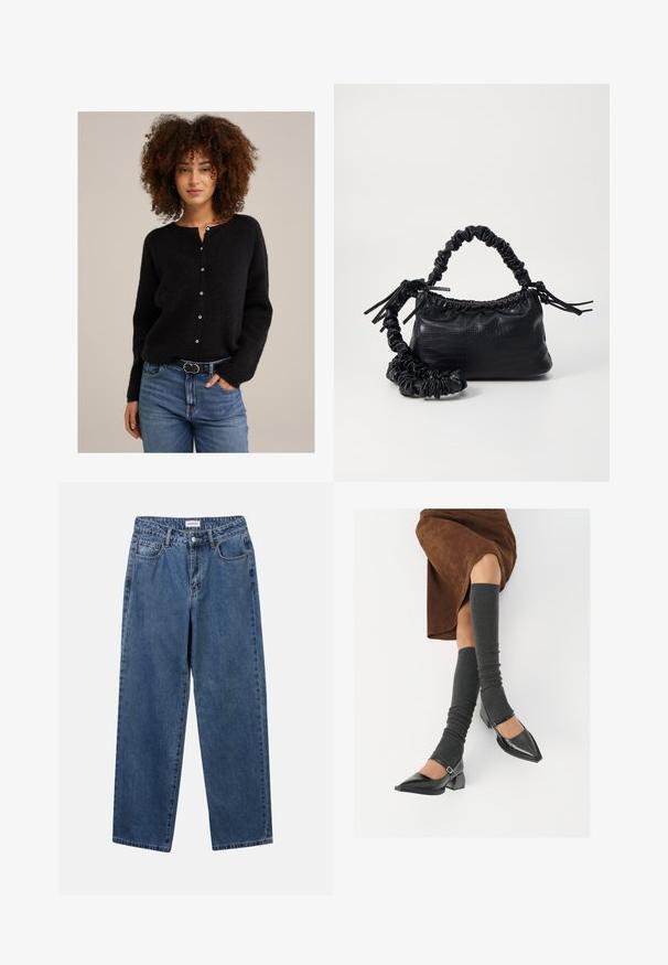 Melnā, teksturētā adīta veste ar apaļu kakla izgriezumu un pogu aizdari. Nēsāta pār ziliem džinsiem, tam ir plāns jostas aukliņa ar apaļu sprādzi.; Balts īsām piedurknēm T-krekls, izgatavots no viegla kokvilnas. Tam ir apaļa kakla izgriezums un sarullētas piedurknes. Sarkans logotipa uzlīme uz apkaklītes.; Klasiskie zili džinsi ar taisnu kāju dizainu, pieciem kabatām un pogu aizdari. Iezīmējas ar vidēju mazgāšanu un izturīgu tekstūru.; Melnas laka ādas apavi ar norādītu purngalu, blokveida papēdi un potīšu jostu, saskaņoti ar pelēkām ribotām kāju sildītājām un brūnu zamšādas svārku.; Melnā mākslīgās ādas rokassoma ar krokodila rakstu, savilkta augšdaļa un saburzīta siksna. Izskatās mīksta un kompakta pēc dizaina.