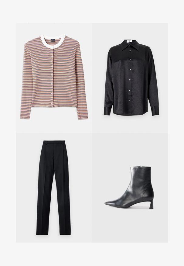 Gestreifter Cardigan mit langen Ärmeln, mit einem weißen Rundhalsausschnitt und Knopfverschluss. Die Farben umfassen Orange, Blau und Creme in horizontalen Streifen.; Schwarzes Langarmhemd mit kragenförmigem Halsausschnitt, mit einem zerknitterten Textur, voller Knopfleiste und Manschetten. Hergestellt aus einem glatten Stoff.; Schwarze Hosen aus glattem Stoff mit hoher Taille, weitem Bein, vorderen Falten und klassischen Gürtelschlaufen. Keine sichtbaren Seitentaschen.; Schwarze Lederstiefelette mit spitzer Zehe und schlankem Design. Verfügt über einen niedrigen Absatz und einen Reißverschluss hinten. Glatte Textur.