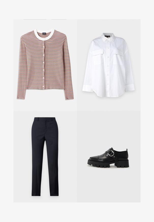 Stripet cardigan med lange ermer, med en hvit rund hals og knappelukking. Fargene inkluderer oransje, blå og krem i horisontale striper.; Hvit knapp-up skjorte laget av bomull, med klassisk krage, to brystlommer og lange ermer med mansjetter. Glatt tekstur.; Marinefargede skreddersydde bukser med rett snitt, med en glatt tekstur, to frontlommer og en ren linning.; Sorte læringssko med en kraftig ribbet såle, som har en sirkulær sølvfarget detalj og minimal sømdekorasjon.