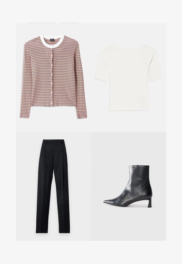 Cardigan rayé à manches longues, avec un col rond blanc et une fermeture à boutons. Les couleurs incluent l'orange, le bleu et la crème en rayures horizontales.; Haut blanc à col large et à manches courtes avec une texture côtelée. Les rayures verticales mettent en valeur une coupe ajustée et un design simple.; Pantalon noir en tissu lisse avec taille haute, jambes larges, plis à l'avant et passants de ceinture classiques. Pas de poches latérales visibles.; Bottine en cuir noir avec un bout pointu et un design épuré. Présente un petit talon et une fermeture éclair à l'arrière. Texture lisse.