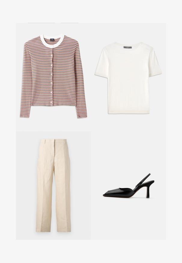 Cardigan în dungi cu mâneci lungi, având un guler rotund alb și închidere cu nasturi. Culorile includ portocaliu, albastru și crem în dungi orizontale.; Top tricotat alb cu mânecă scurtă, cu decolteu rotund, având o textură netedă și accente subtile cu nervuri la mâneci și la margine.; Pantaloni din in bej cu croială lejeră, cu față pliată și picioare drepte. Prezintă un brâu cu bucle pentru curea și fără buzunare vizibile.; Sandale din piele neagră cu toc, cu vârf ascuțit, design minimalist, curea subțire la gleznă și toc subțire elegant. Textură netedă.