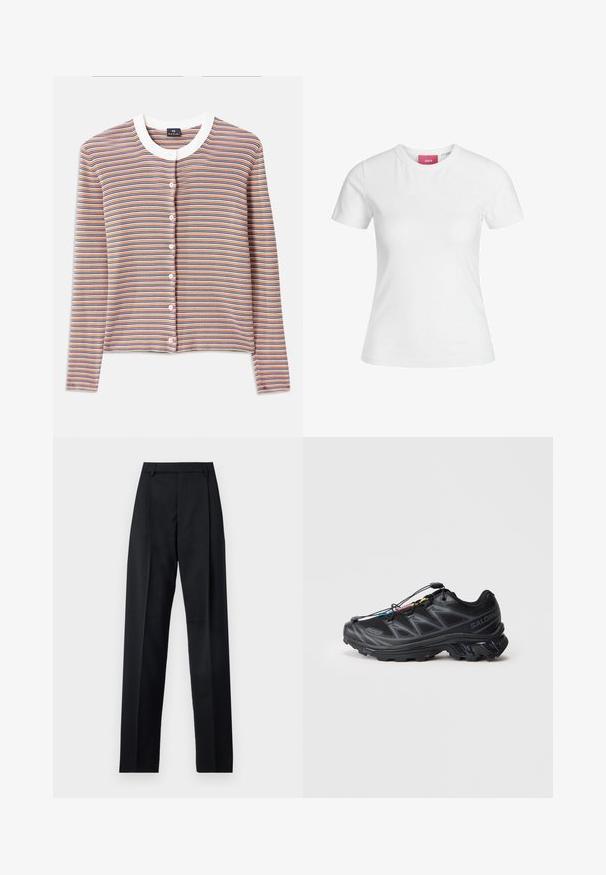 Gestreifter Cardigan mit langen Ärmeln, mit einem weißen Rundhalsausschnitt und Knopfverschluss. Die Farben umfassen Orange, Blau und Creme in horizontalen Streifen.; Weißes Baumwoll-T-Shirt mit kurzen Ärmeln und einem runden Ausschnitt. Verfügt über ein pinkes Etikett am inneren Hals. Glatte Textur.; Schwarze Hosen aus glattem Stoff mit hoher Taille, weitem Bein, vorderen Falten und klassischen Gürtelschlaufen. Keine sichtbaren Seitentaschen.; Schwarzer Sportschuh mit einem strukturierten Mesh-Obermaterial, verstärkter Zehenkappe und einem Schnellverschluss-System. Verfügt über eine robuste Laufsohle und einen leichten Absatz.